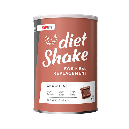 „ICONFIT Diet Shake“ šokolado skonio maisto pakaitalas 495 g pakuotėje. Pabrėžta, kad produkte daug baltymų, skaidulų, 208 kcal porcijoje ir 23 vitaminai bei mineralai.